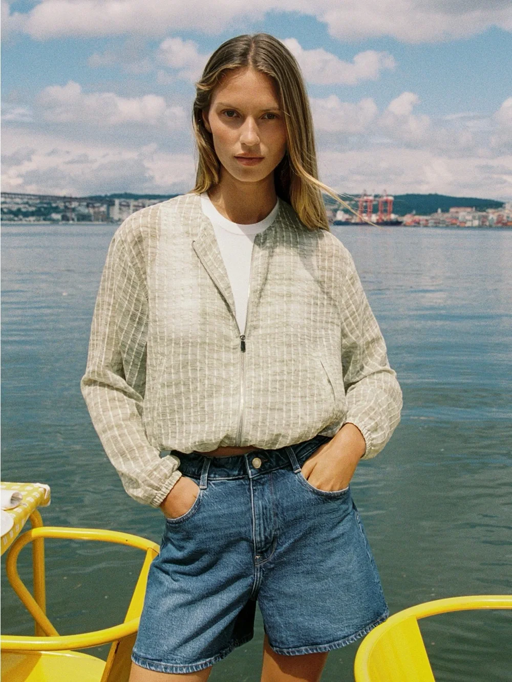 Zara NWT Sage Green White Semi Sheer Grid Flowing Organza Bomber Jacket (Medium) - Picture 4 of 8